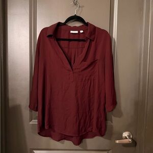 New York & Company Wine V-Neck Long Sleeve Blouse